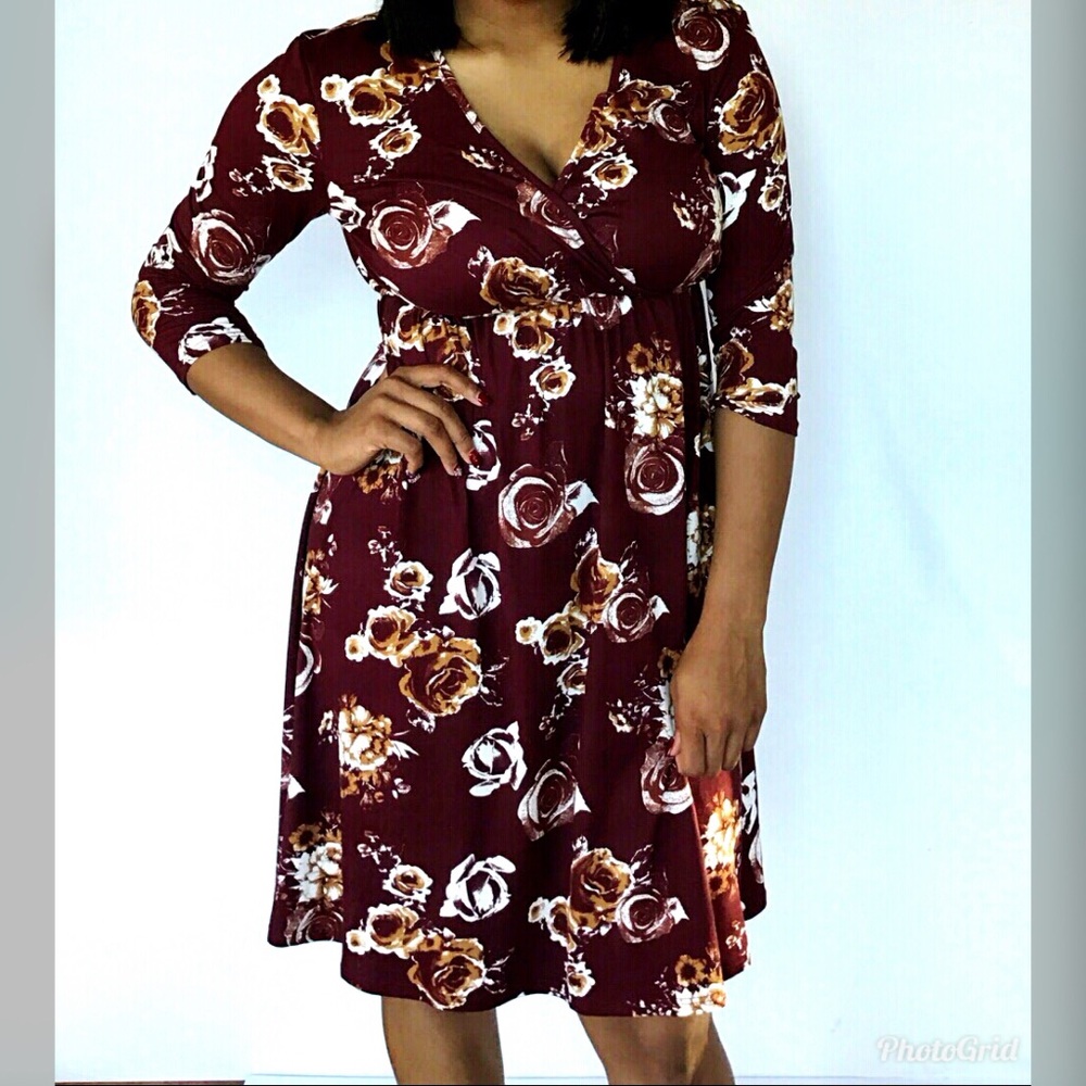 Lime n Chili Women’s Burgundy Floral Print V-Neck Dress